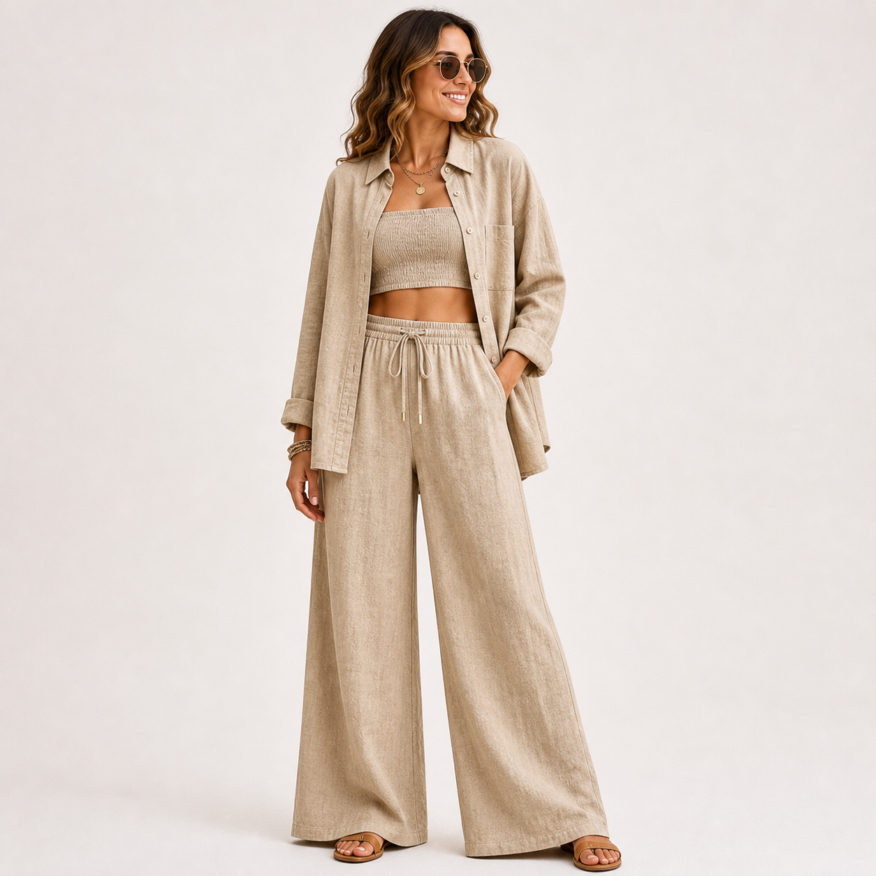 Women's Linen-Blend Three-Piece Shirt Crop Top and Wide-Leg Pants Set