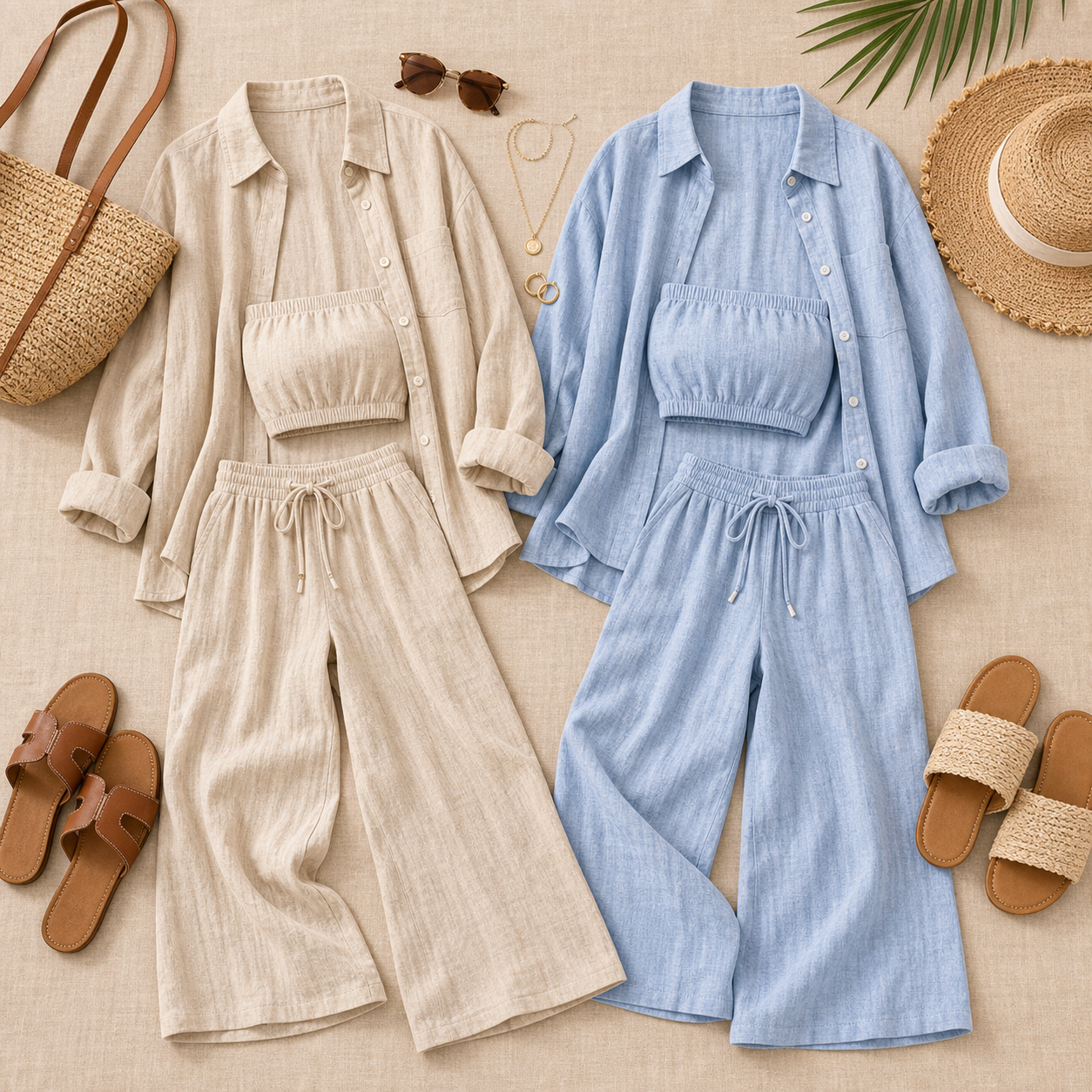Three-piece linen blend set outfit styling