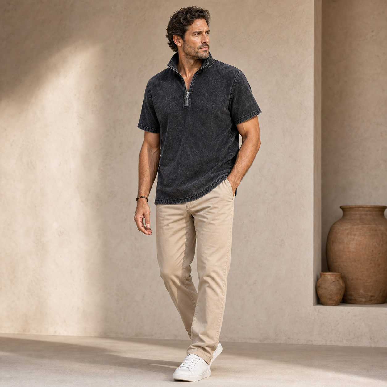 Men's washed short sleeve quarter zip pullover model wearing image