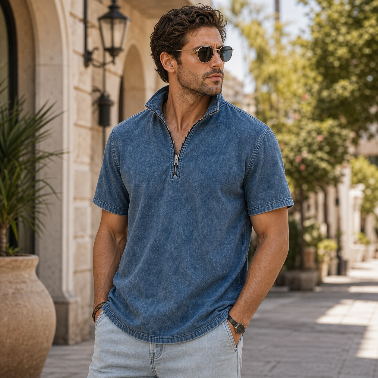 Men's washed short sleeve quarter zip pullover scene image
