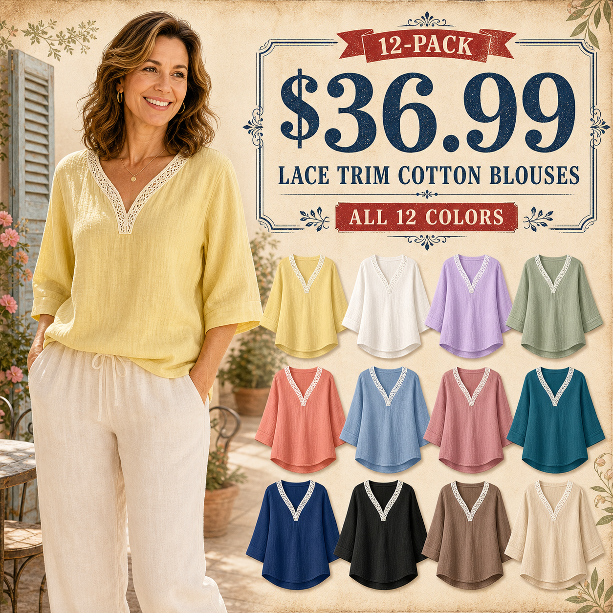 Women's Lace Trim Crinkle Cotton V-Neck Blouses