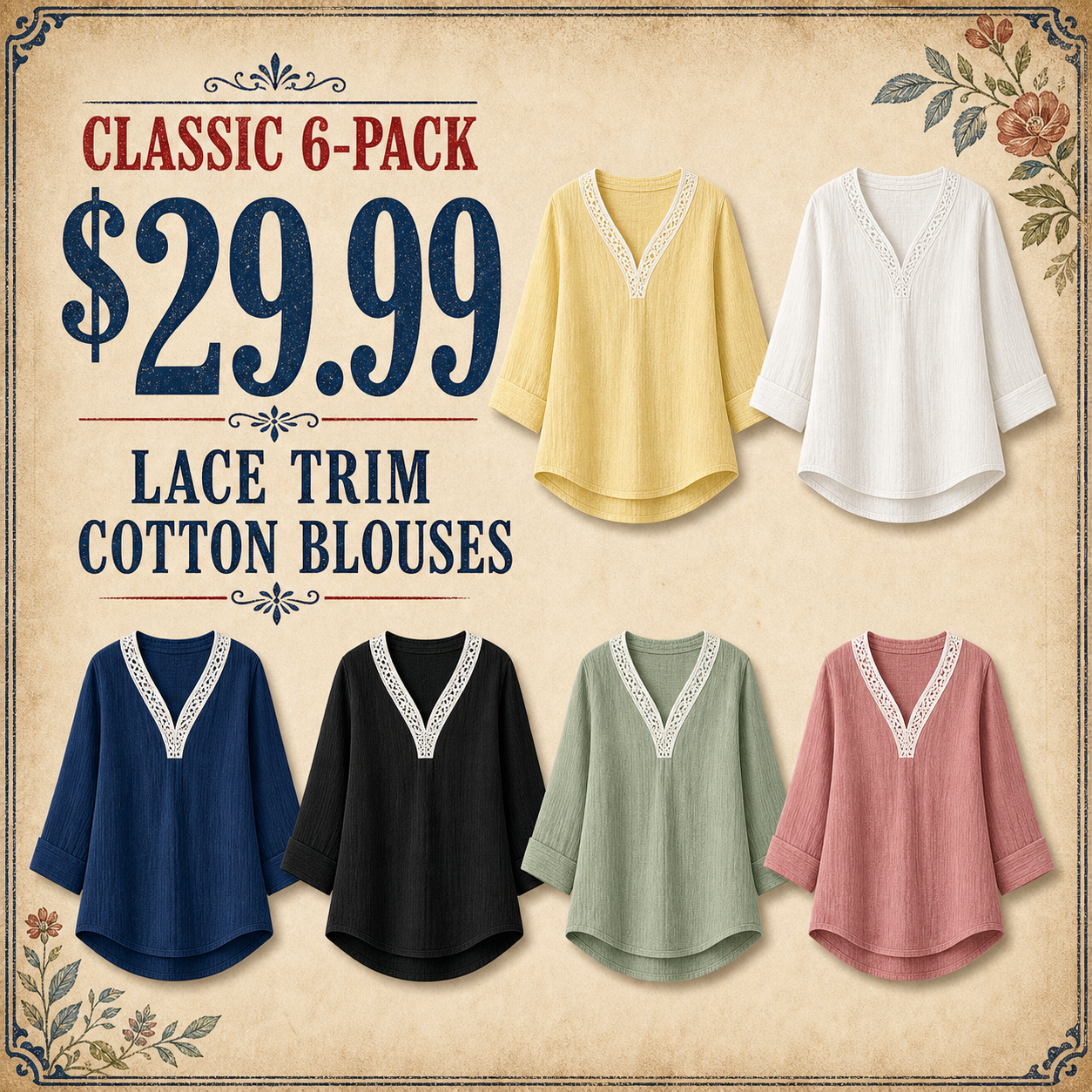 Women's Lace Trim Crinkle Cotton V-Neck Blouses