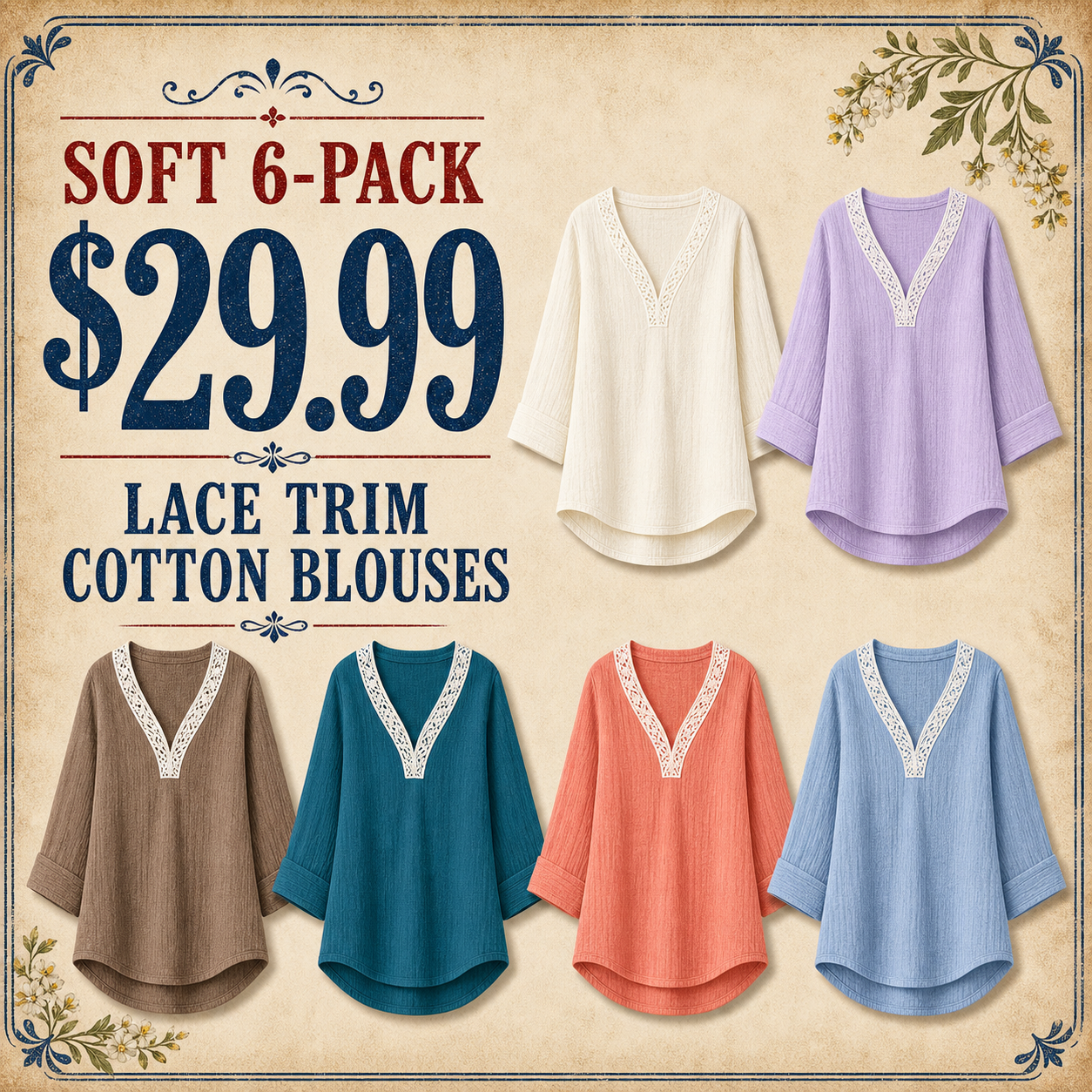 Women's Lace Trim Crinkle Cotton V-Neck Blouses