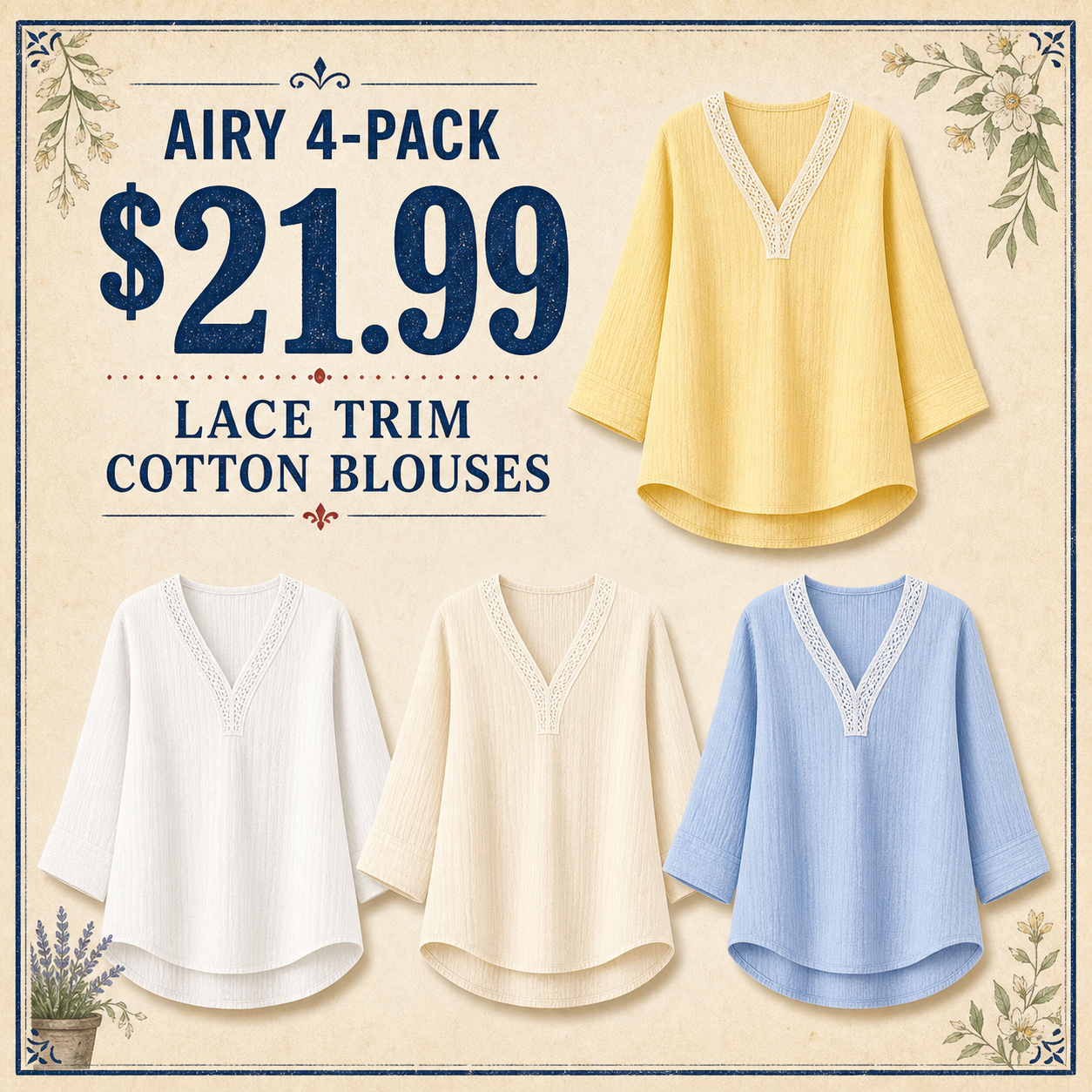 Women's Lace Trim Crinkle Cotton V-Neck Blouses