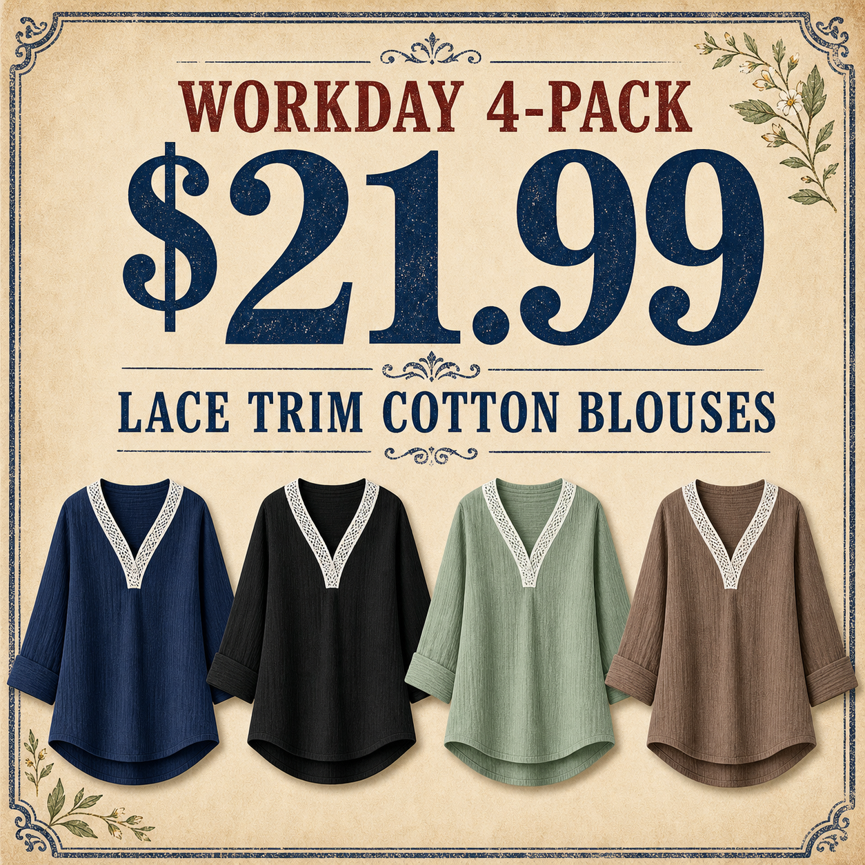 Women's Lace Trim Crinkle Cotton V-Neck Blouses