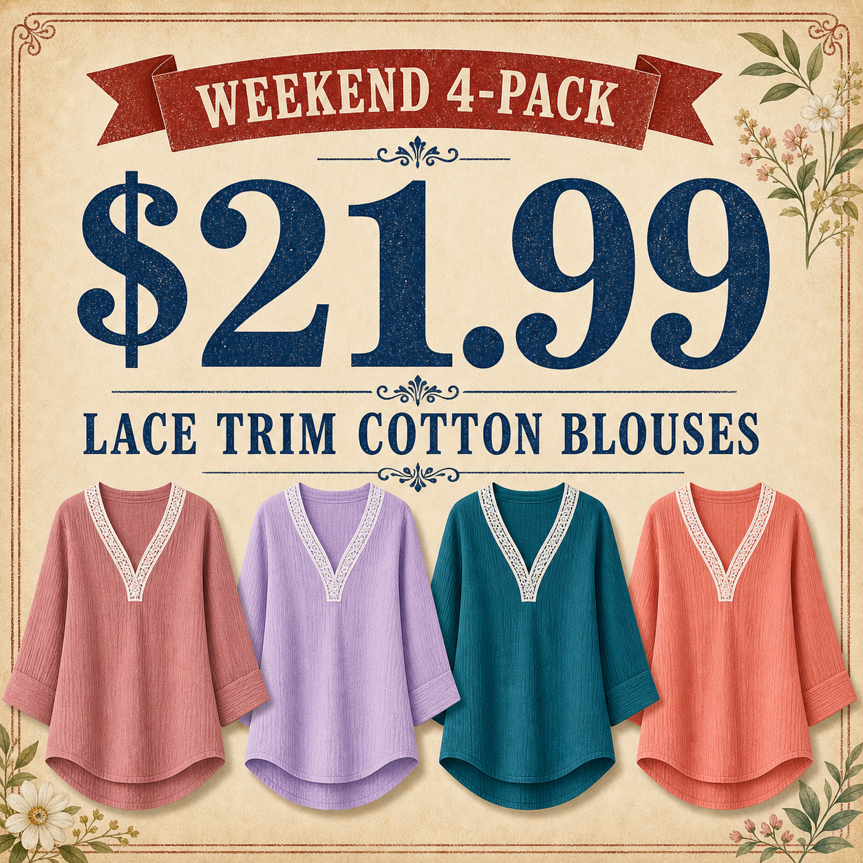 Women's Lace Trim Crinkle Cotton V-Neck Blouses