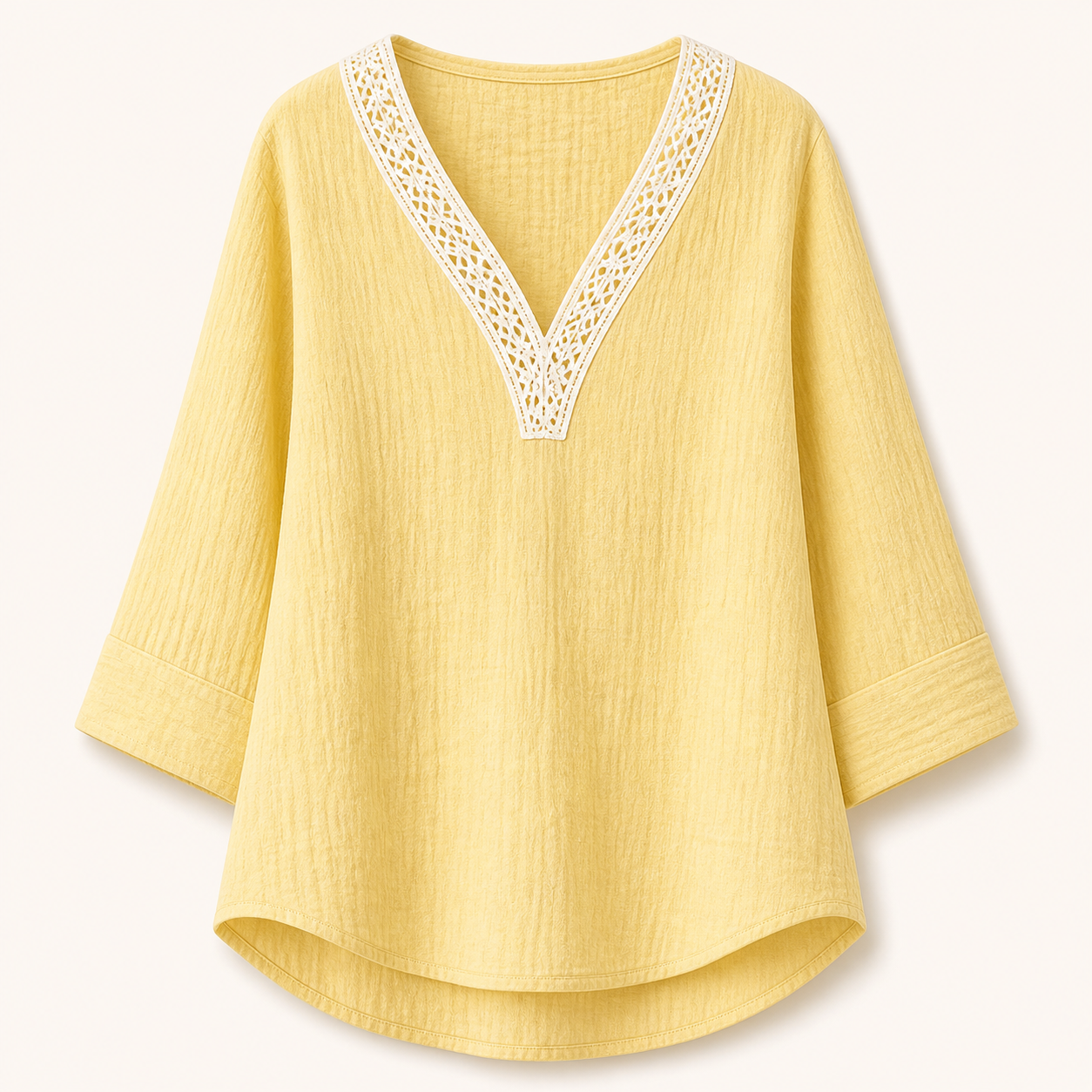 Women's Lace Trim Crinkle Cotton V-Neck Blouses