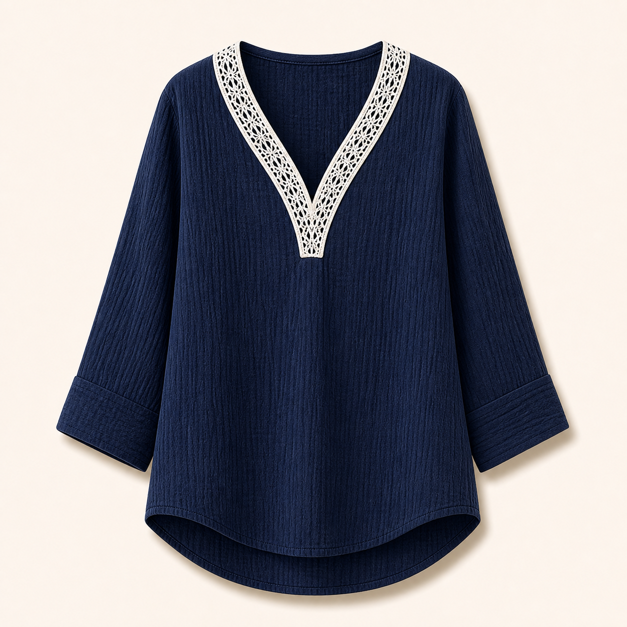 Women's Lace Trim Crinkle Cotton V-Neck Blouses