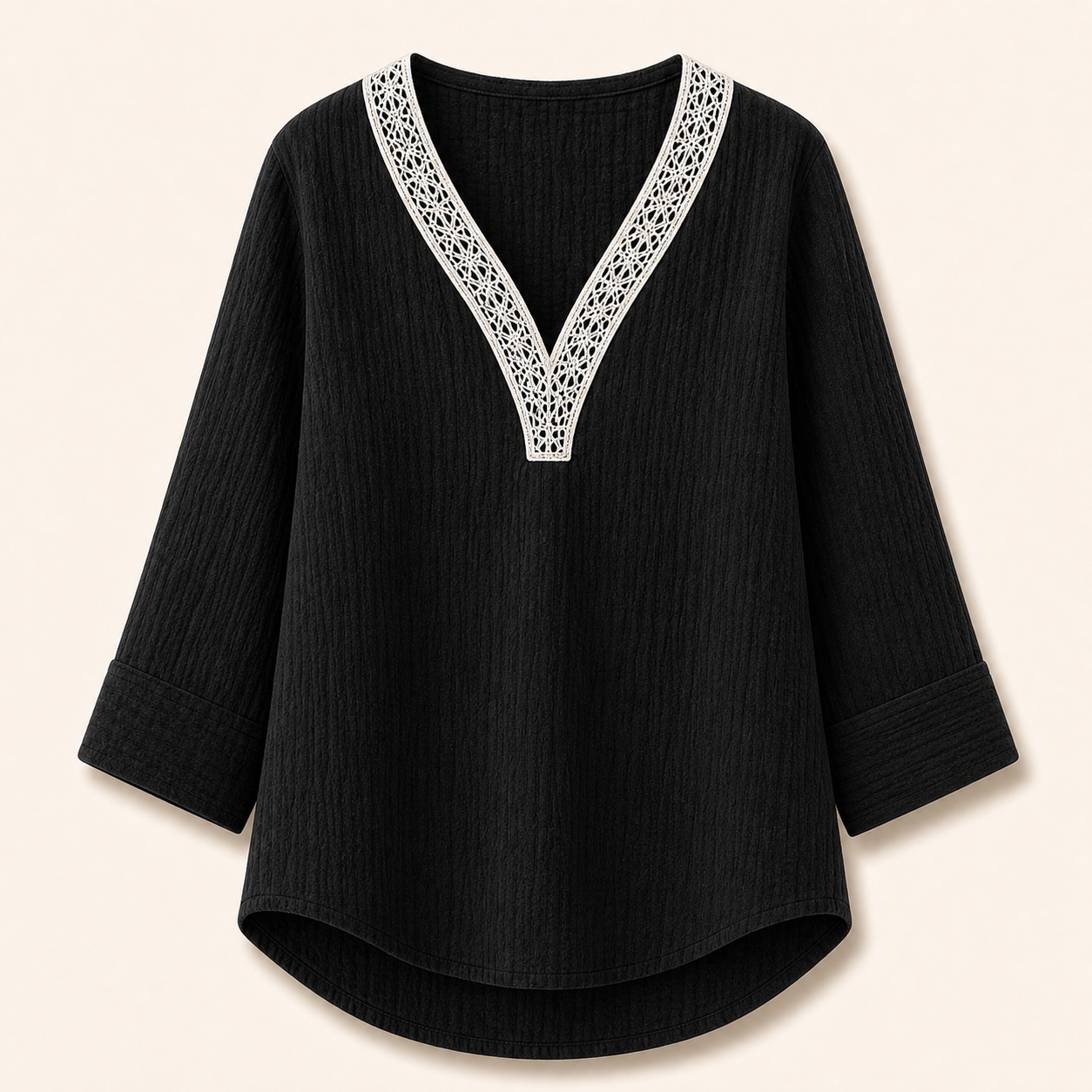 Women's Lace Trim Crinkle Cotton V-Neck Blouses