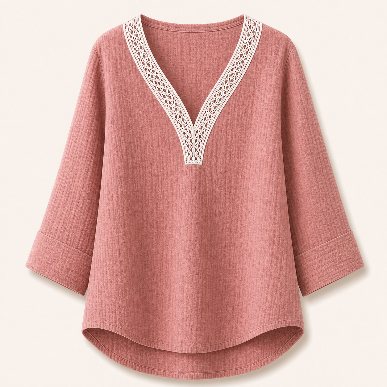 Women's Lace Trim Crinkle Cotton V-Neck Blouses