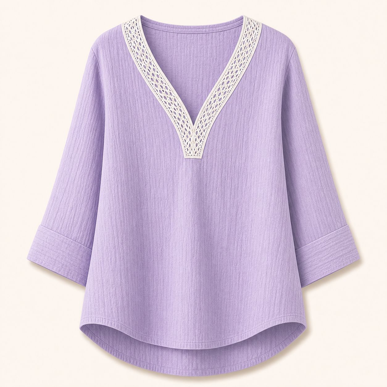 Women's Lace Trim Crinkle Cotton V-Neck Blouses