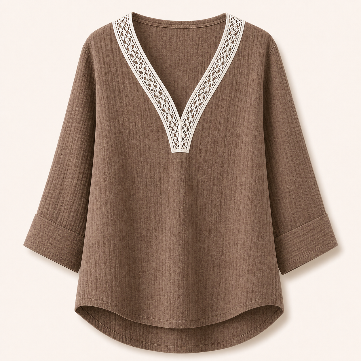 Women's Lace Trim Crinkle Cotton V-Neck Blouses