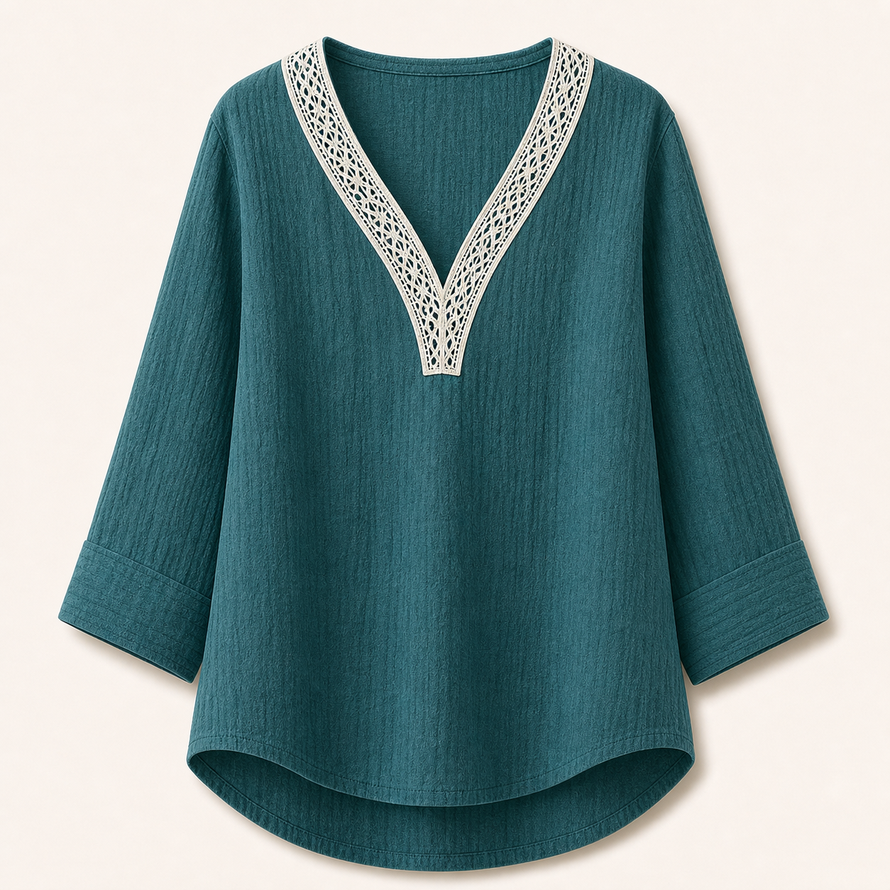 Women's Lace Trim Crinkle Cotton V-Neck Blouses