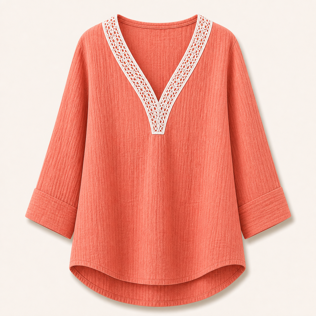 Women's Lace Trim Crinkle Cotton V-Neck Blouses