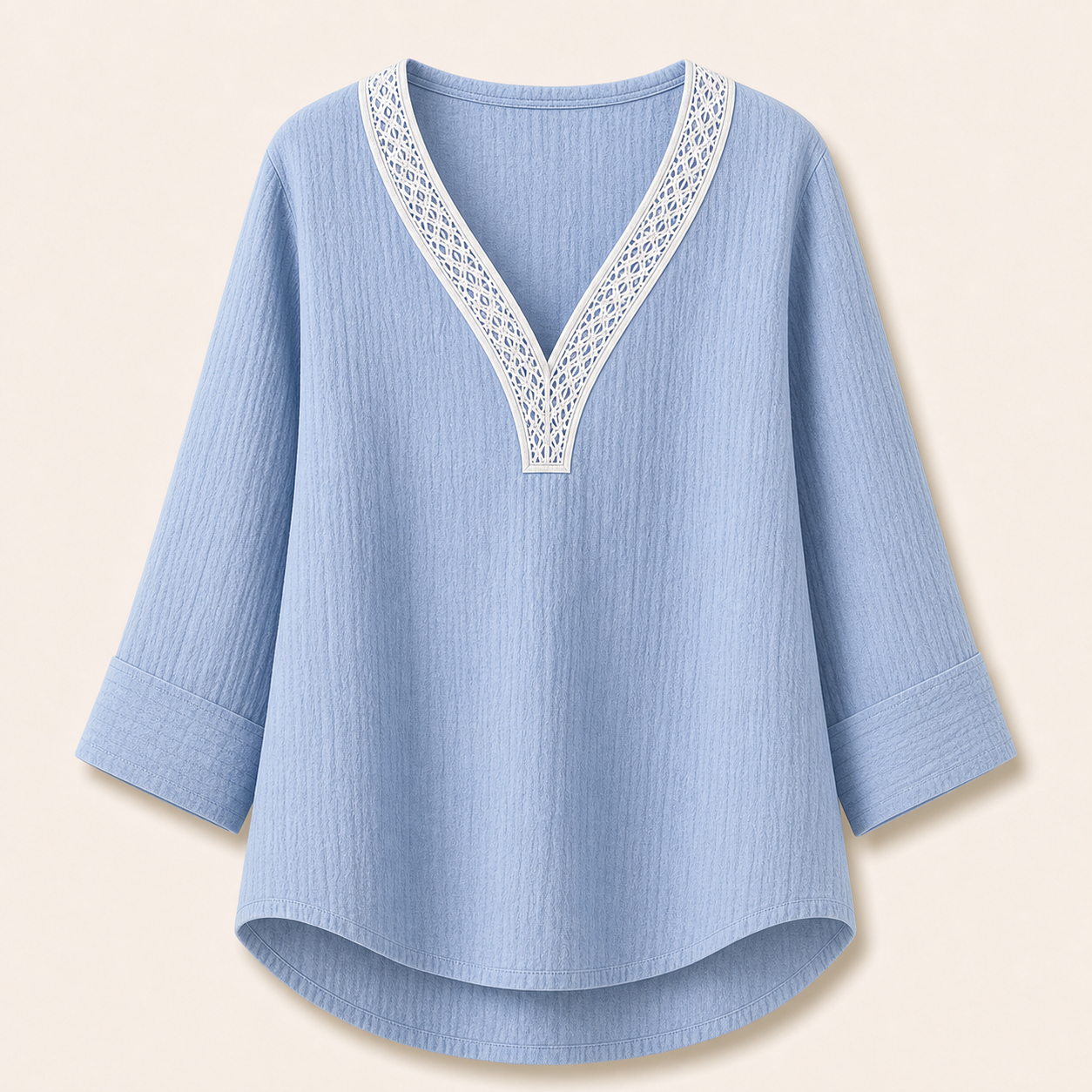 Women's Lace Trim Crinkle Cotton V-Neck Blouses