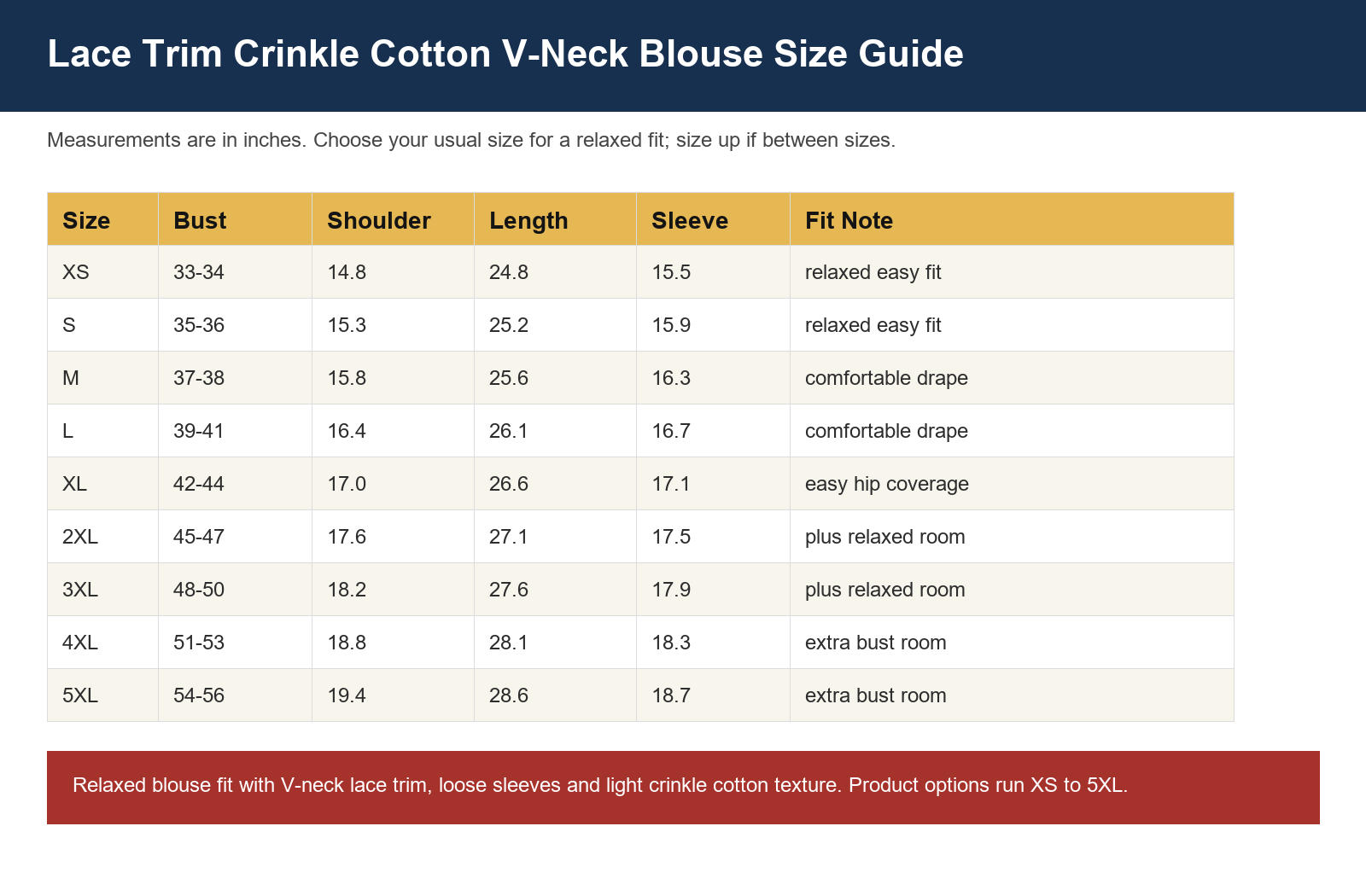 Lace trim crinkle cotton V-neck blouse size chart XS to 5XL