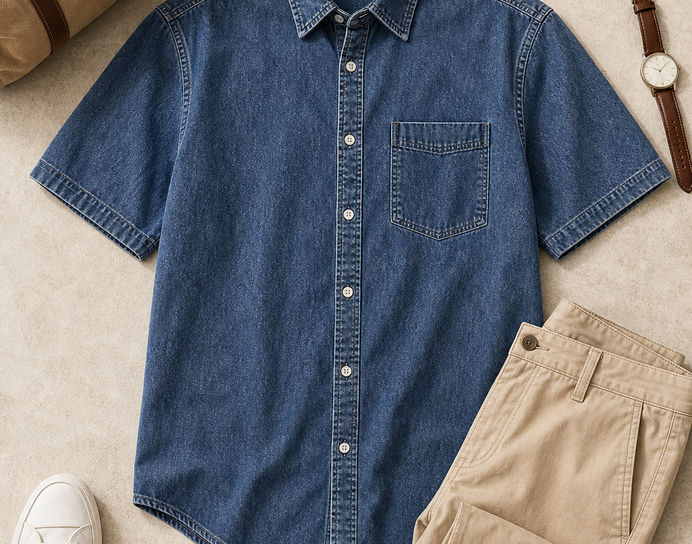 Washed denim button-up shirt outfit pairing with chinos sneakers and belt