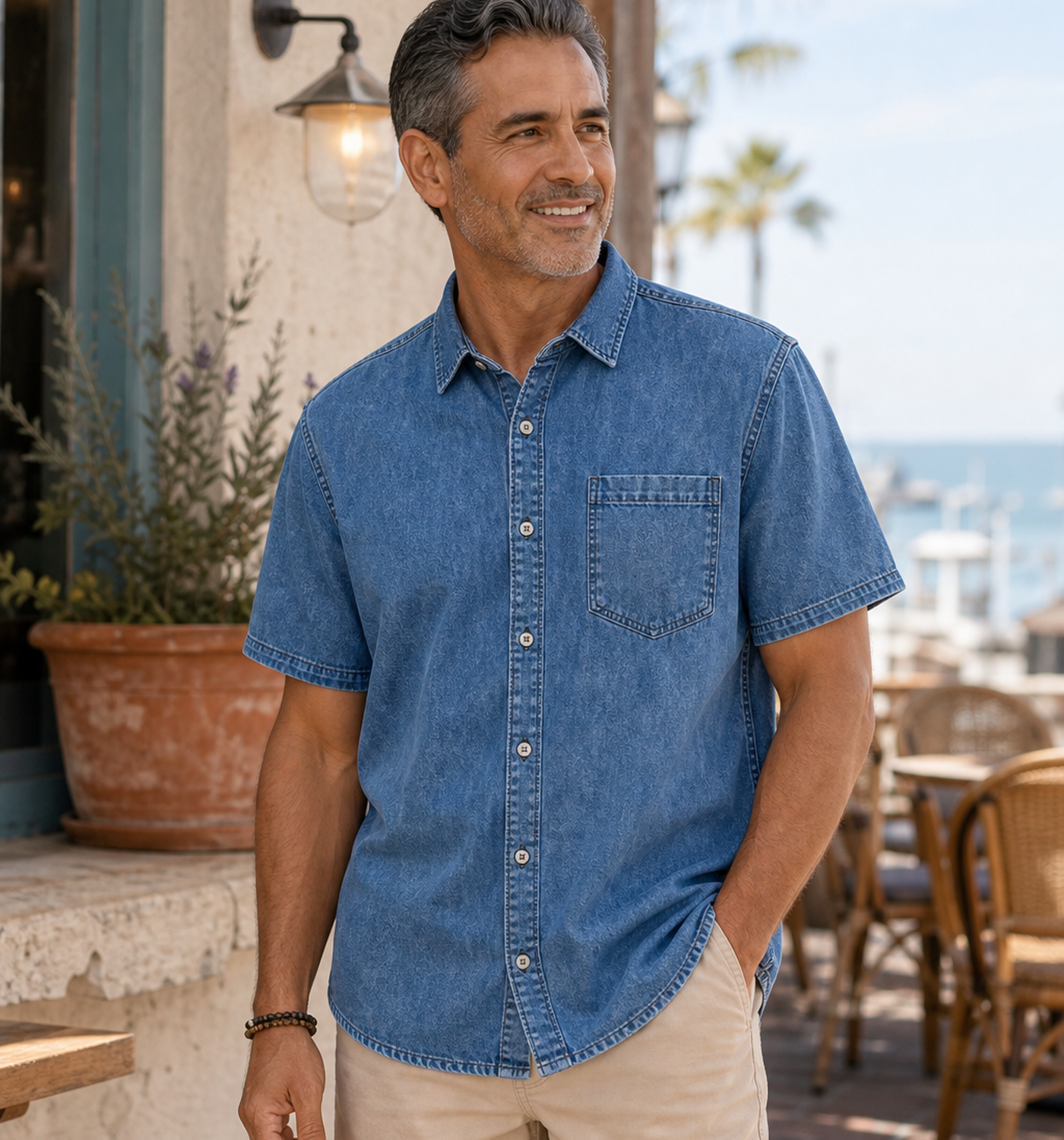 Weekend patio scene with washed denim short sleeve button-up shirt