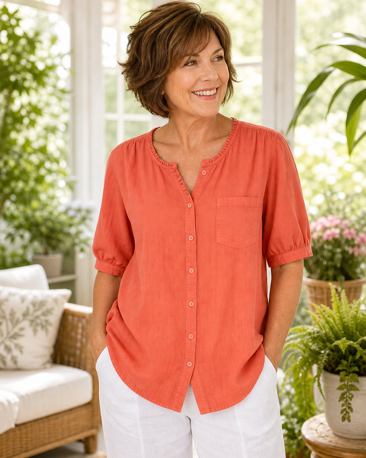 Crinkle cotton short sleeve button-up blouse model wearing view