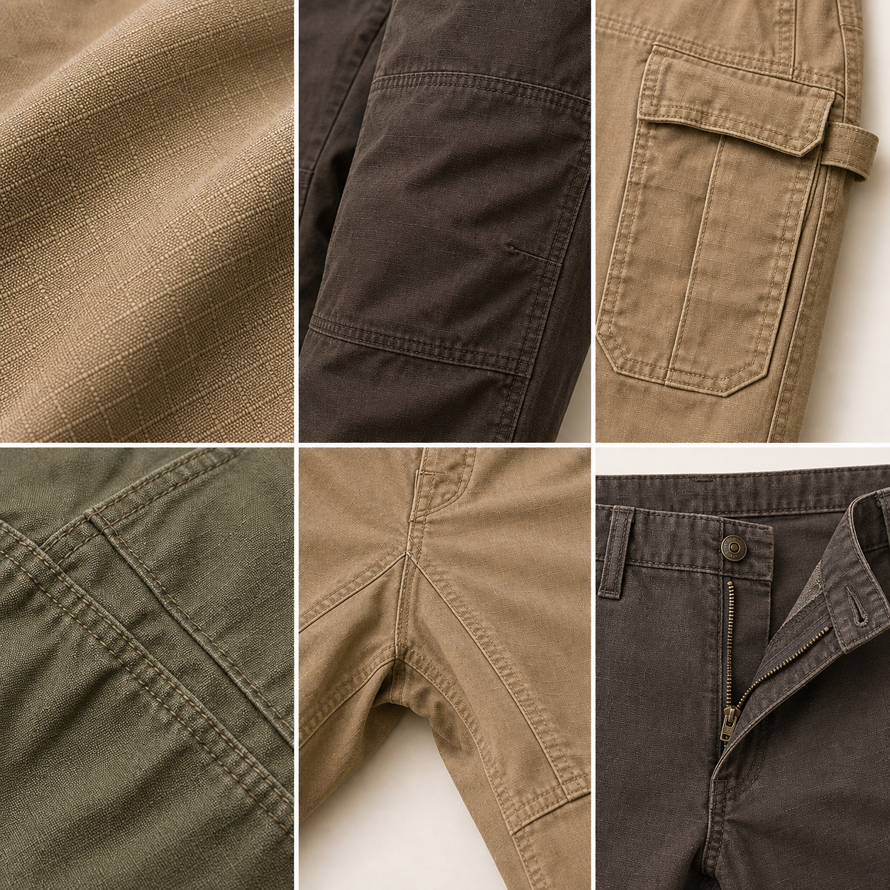 Ripstop cargo work pants fabric knee panel pocket stitching and fly details