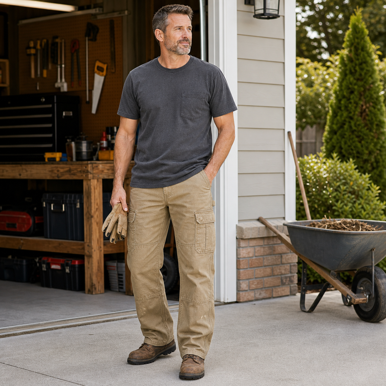 Men's khaki ripstop double-front cargo work pants worn near a garage