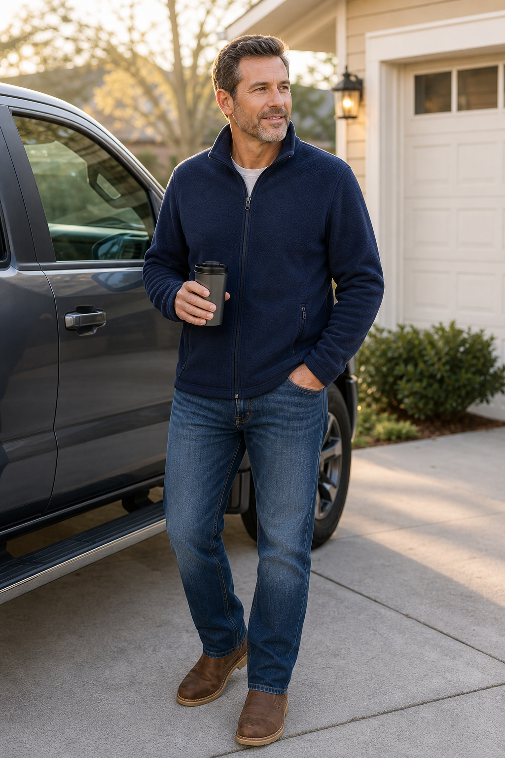 Men's navy lightweight full-zip fleece jacket for morning commute
