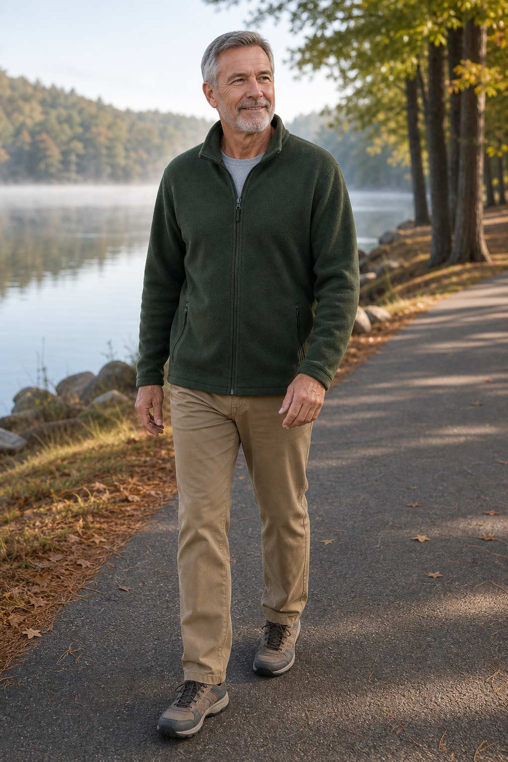 Men's forest green lightweight fleece jacket for lakeside walking