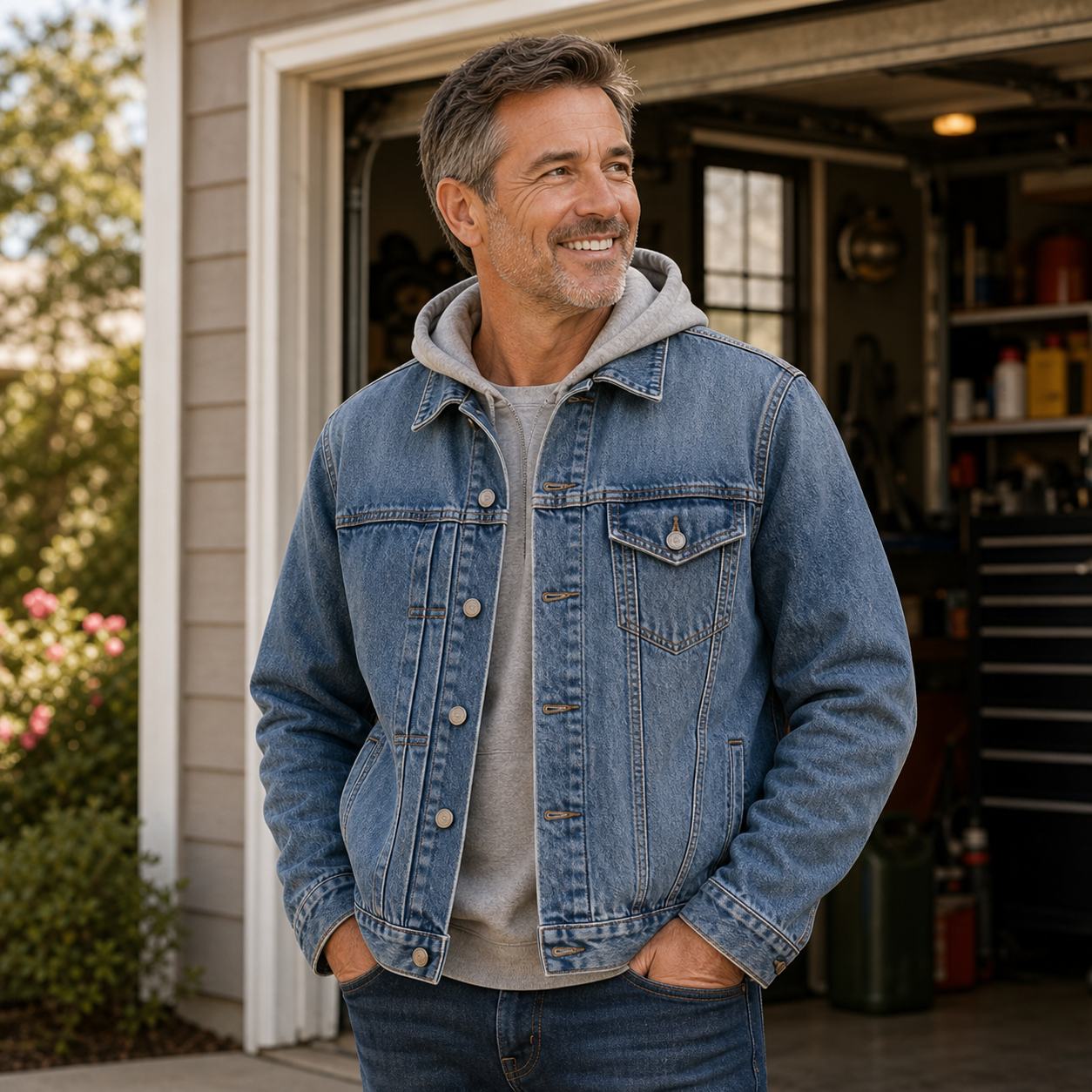 Man wearing a medium wash denim trucker jacket at a garage doorway