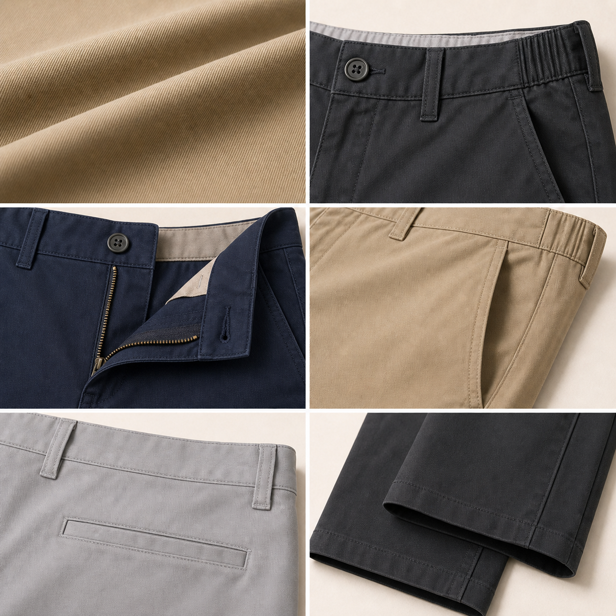 Stretch flat-front straight pants fabric comfort waistband pocket fly and hem details