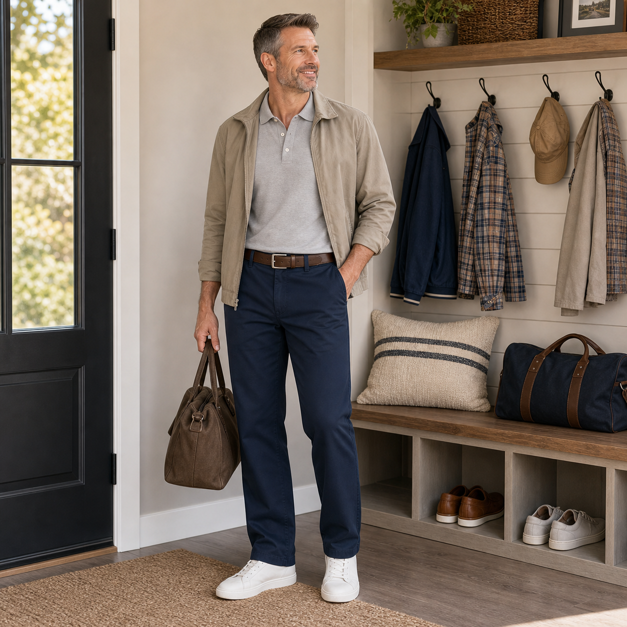 Men's navy stretch flat-front straight pants styled with polo and weekend bag