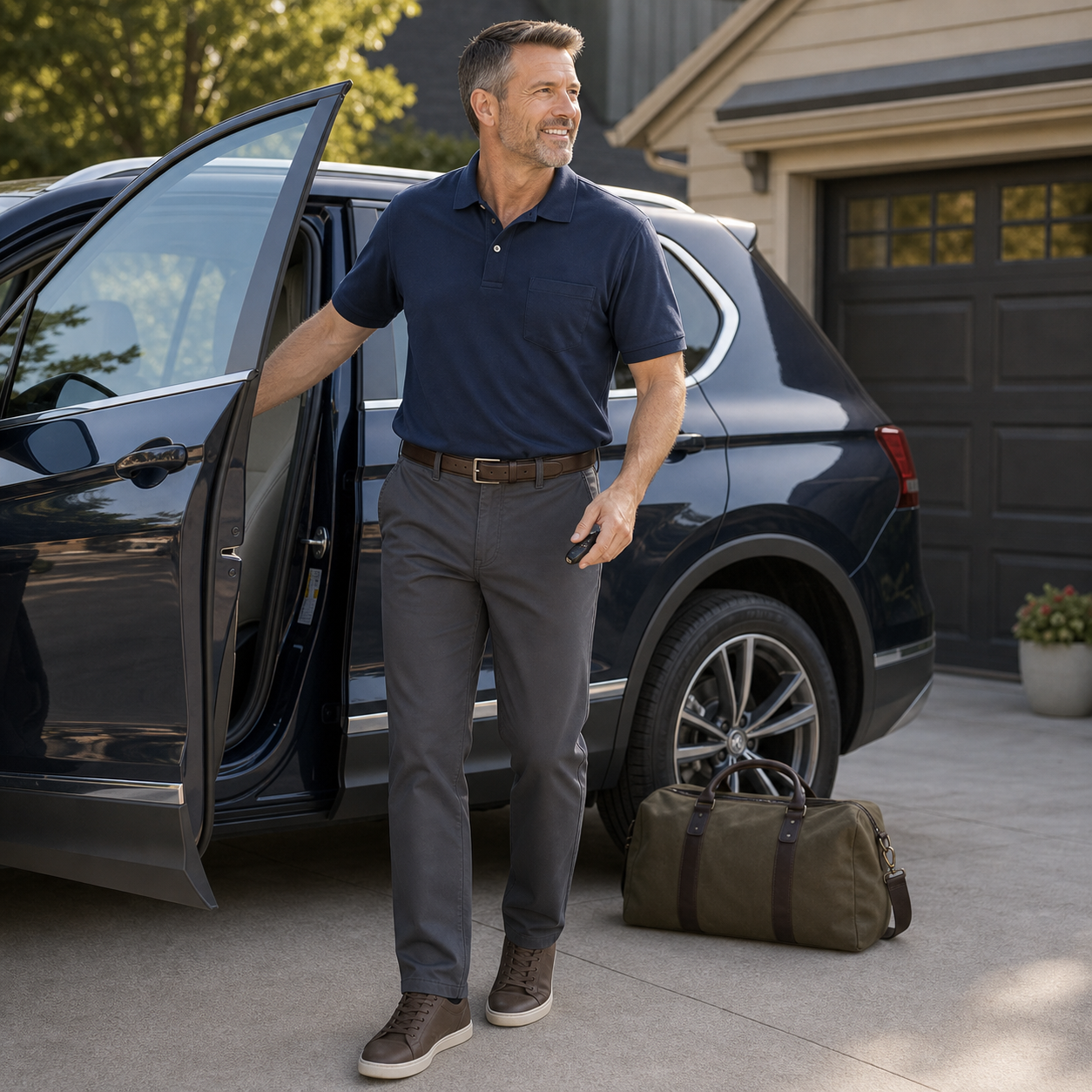 Men's charcoal stretch flat-front straight pants beside an SUV for travel