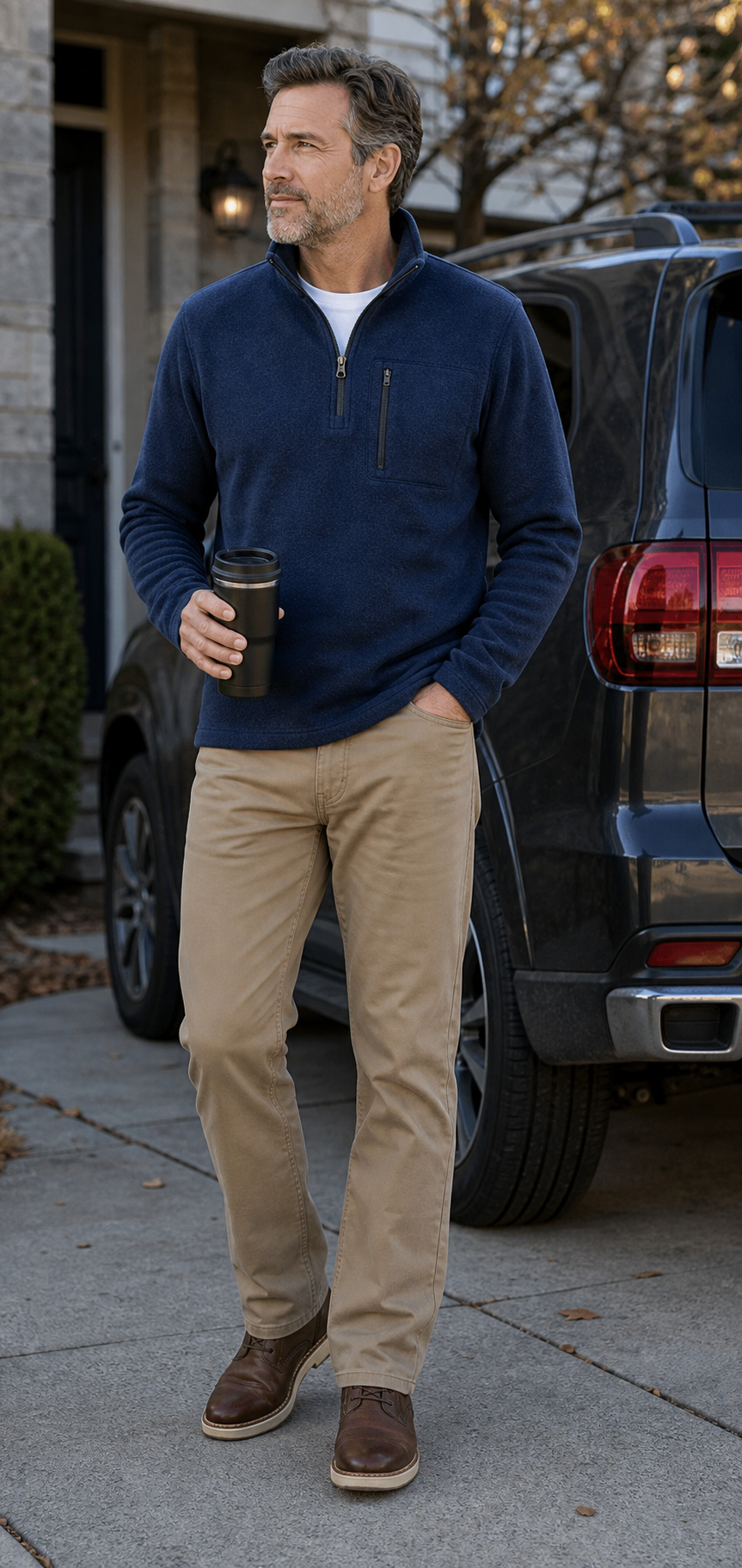 Men's navy quarter-zip sweater fleece pullover for morning commute