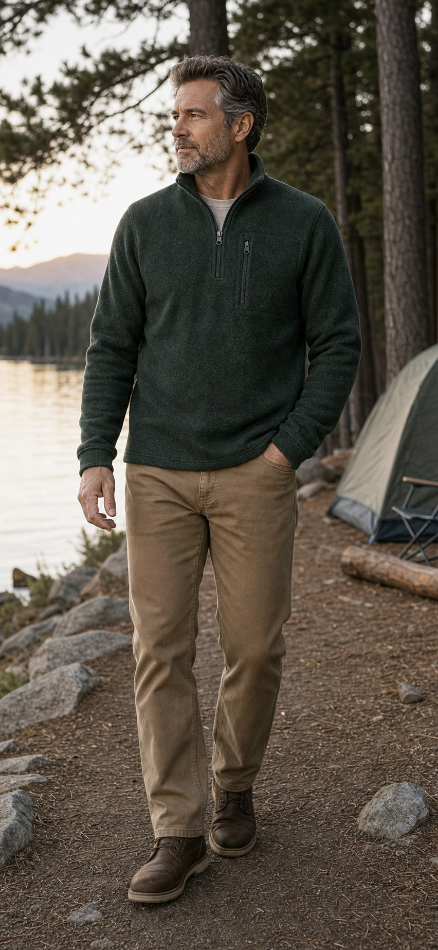 Men's forest green quarter-zip sweater fleece pullover outdoor walking scene