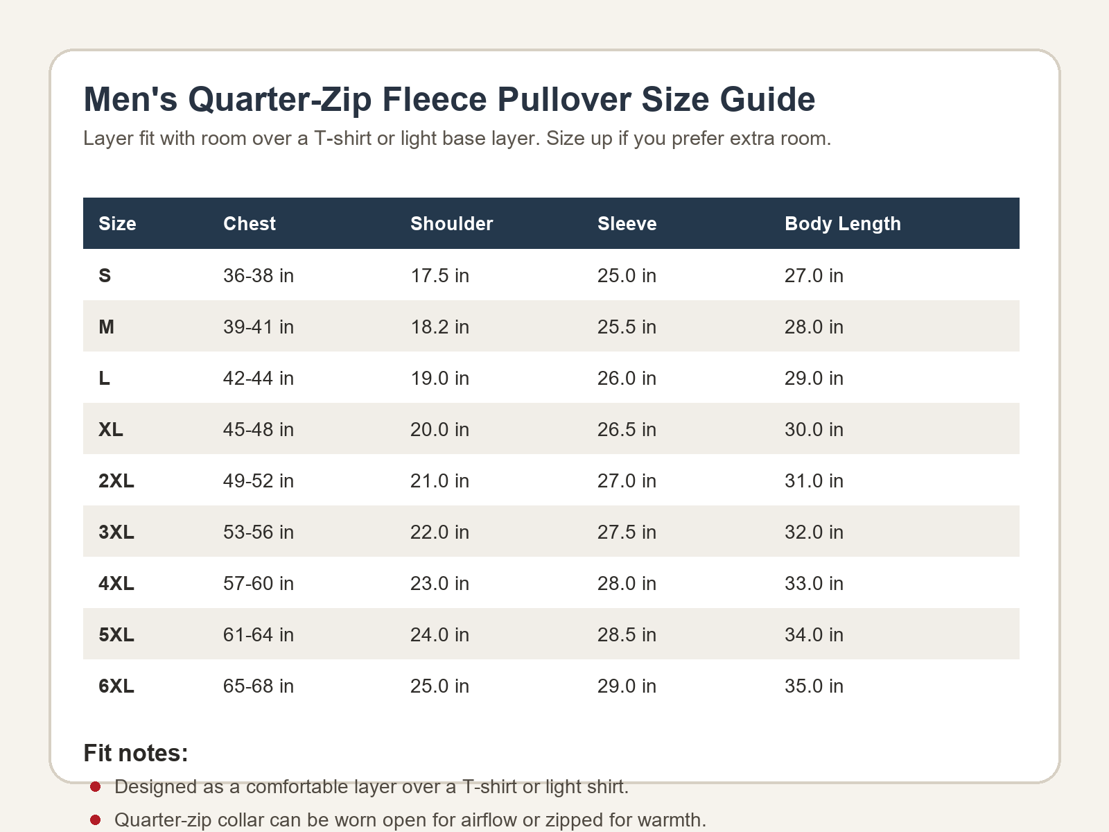 Men's quarter-zip sweater fleece pullover size chart S-6XL