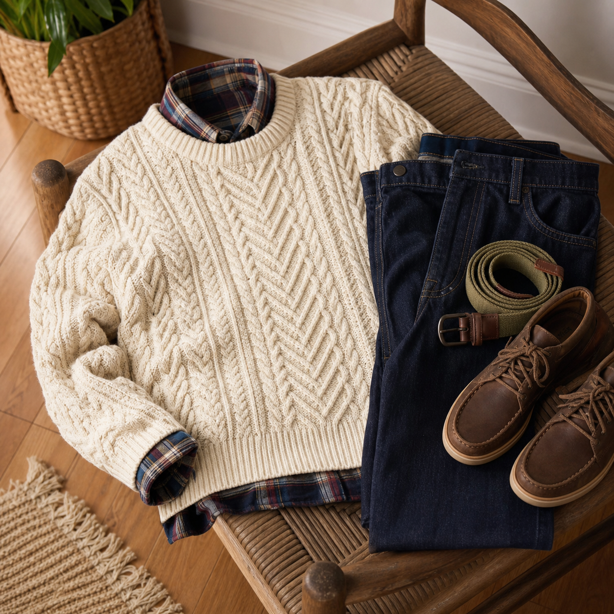 Cotton fisherman knit crewneck sweater styled with jeans boots and flannel
