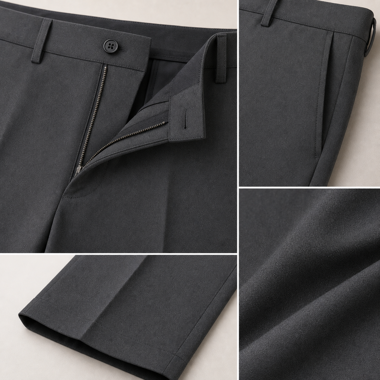 Stretch travel dress trouser waistband pocket zipper and fabric details
