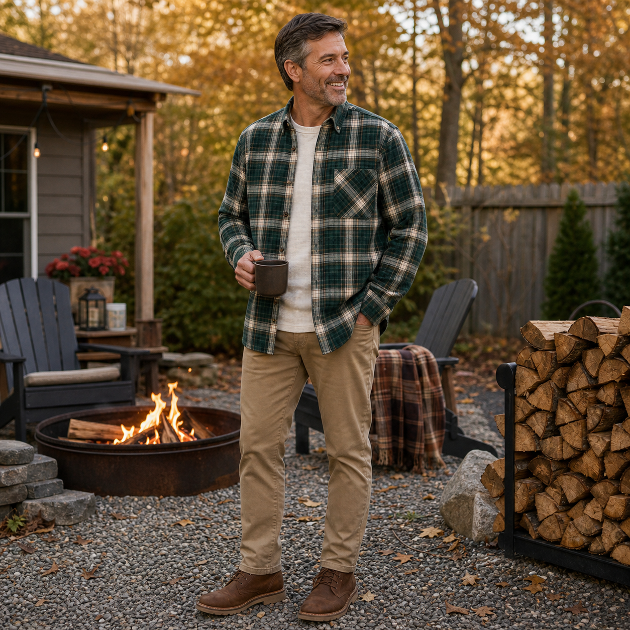 Man wearing a green plaid flannel shirt near a backyard firepit