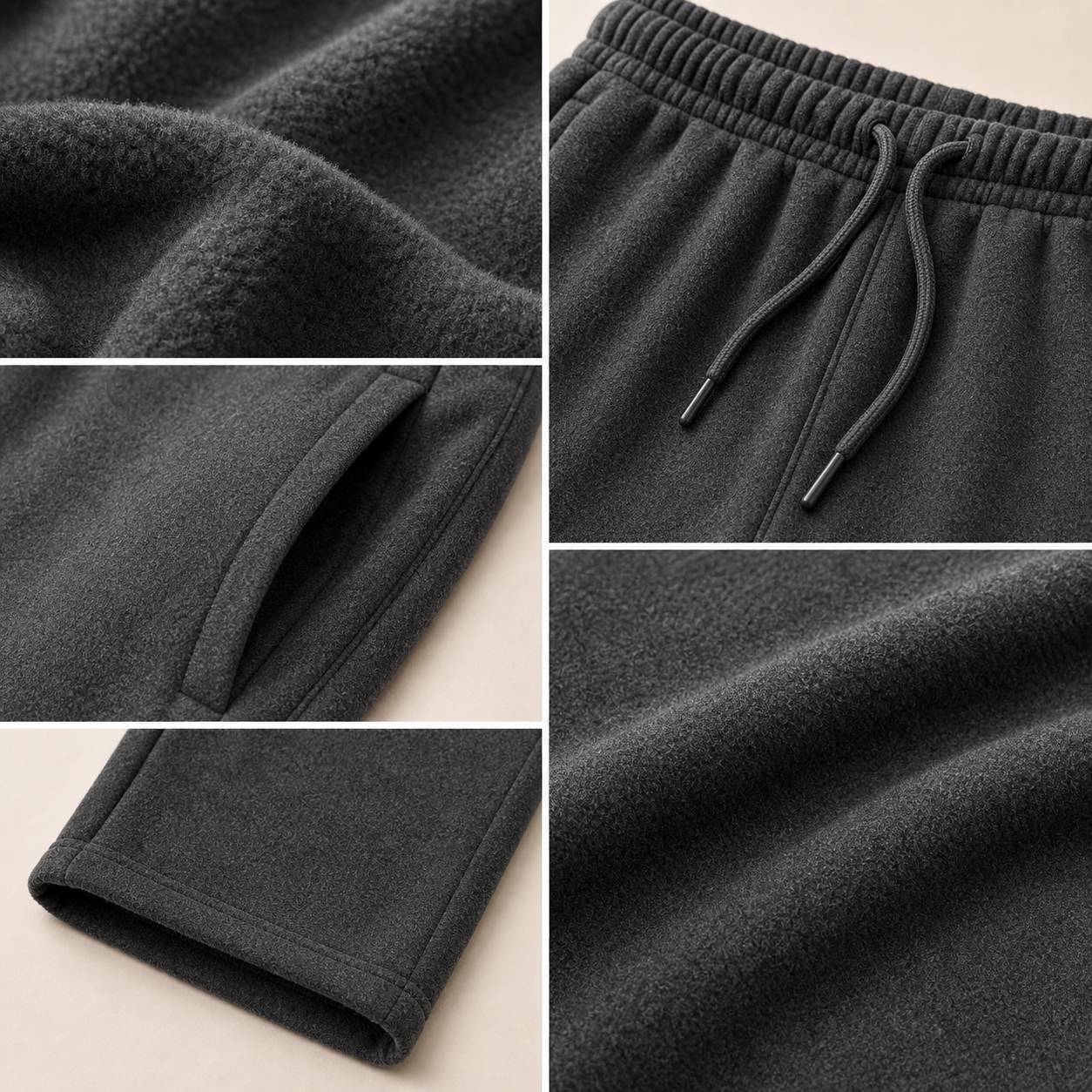Soft fleece sweatpants fabric waistband pocket and open hem details