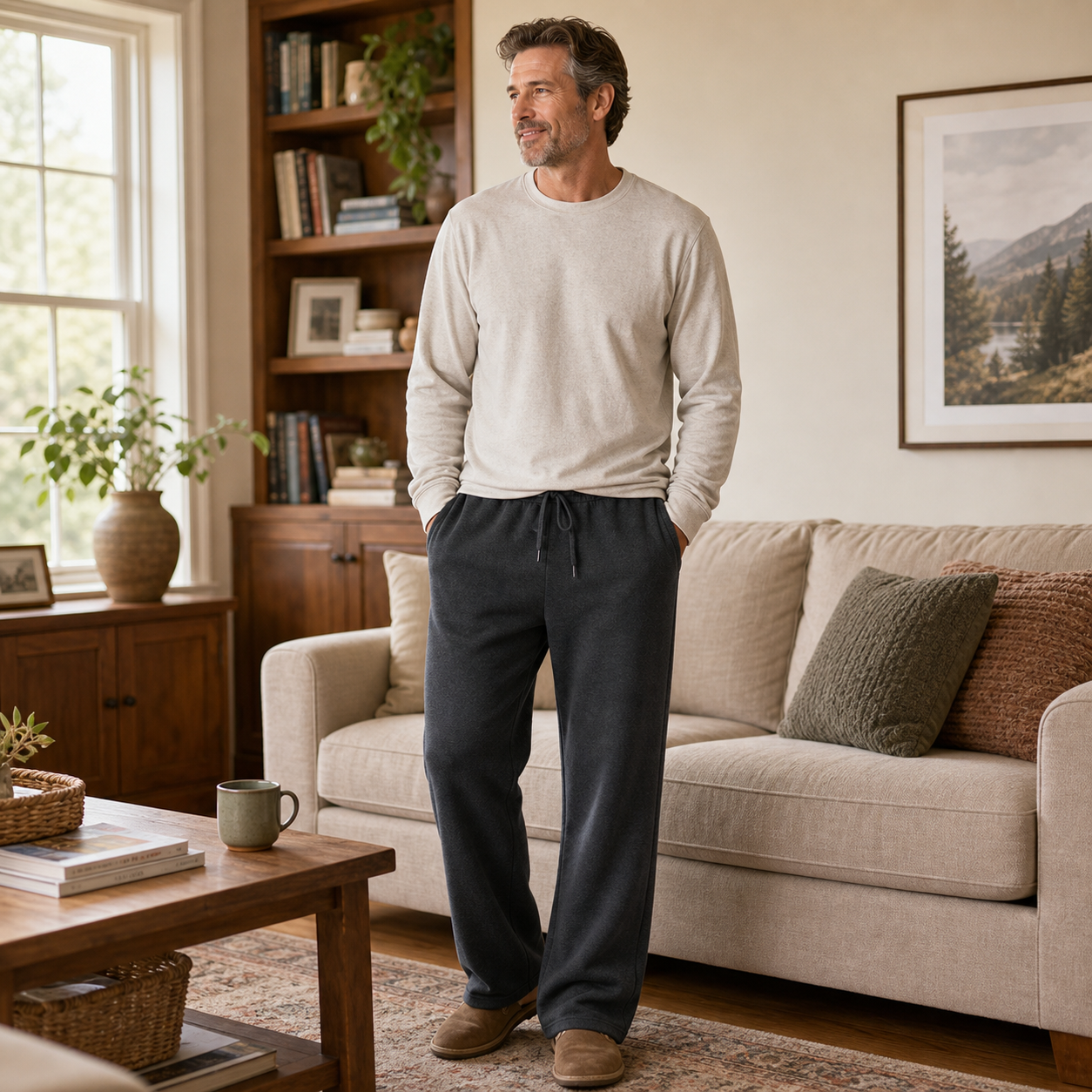 Men's charcoal open-bottom fleece sweatpants worn at home