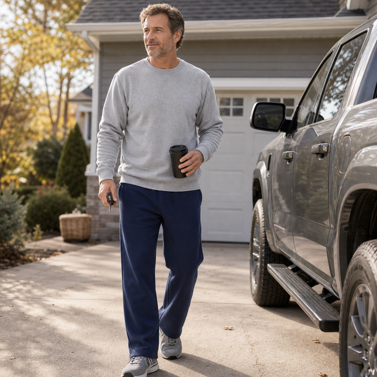 Men's navy open-bottom fleece sweatpants for driveway errands and driving