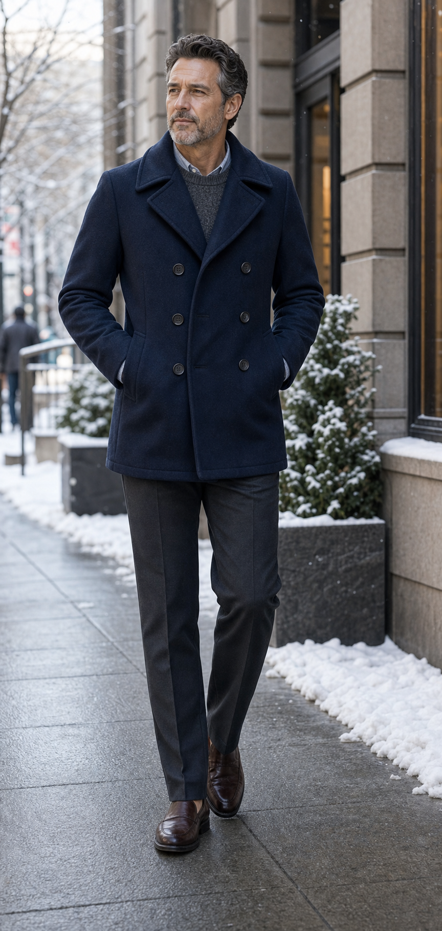 Men's navy wool-blend peacoat for winter city commute