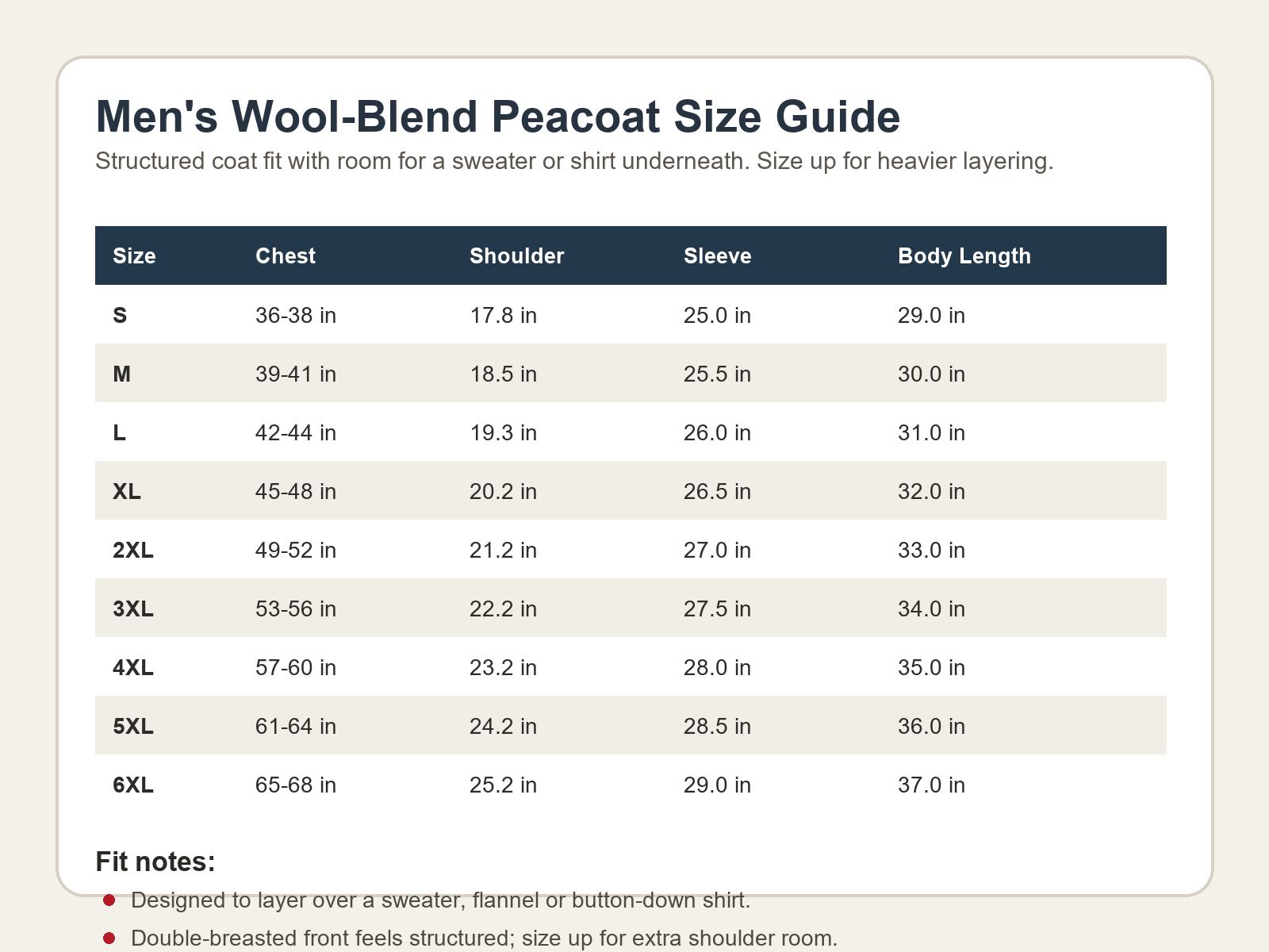 Men's wool-blend peacoat size chart S-6XL
