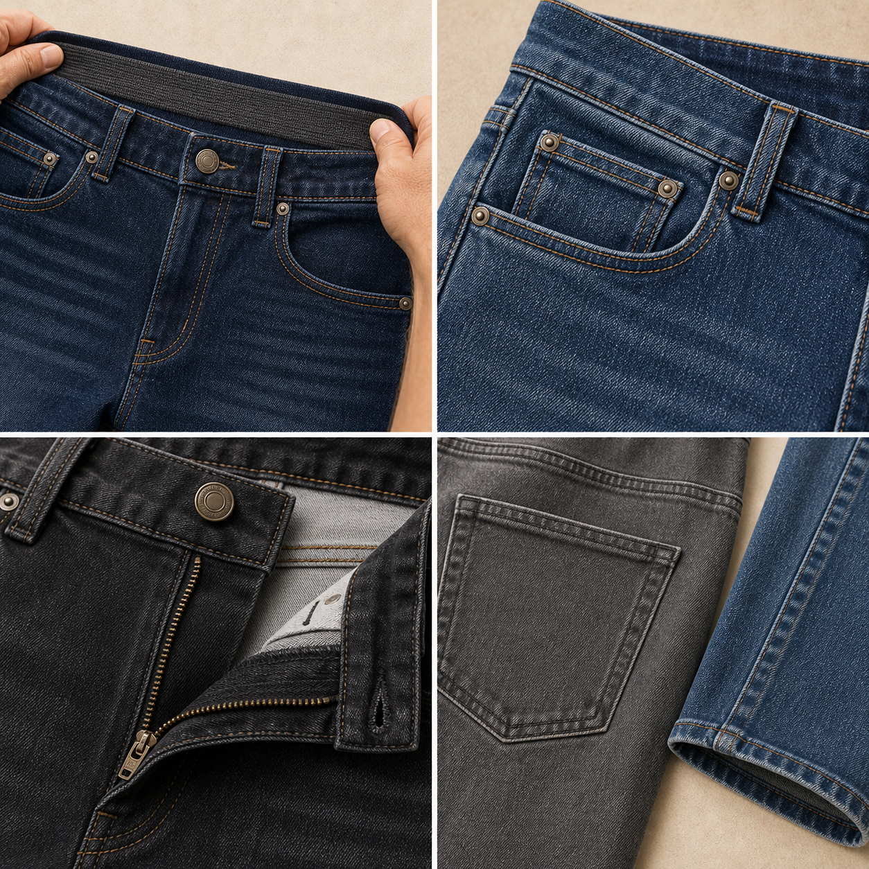 Stretch straight tapered jeans waistband pocket zip fly denim and hem details