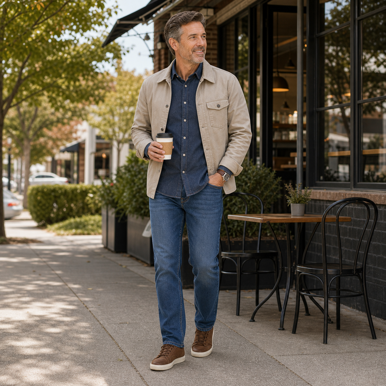 Man wearing medium blue stretch straight tapered jeans at a casual coffee stop