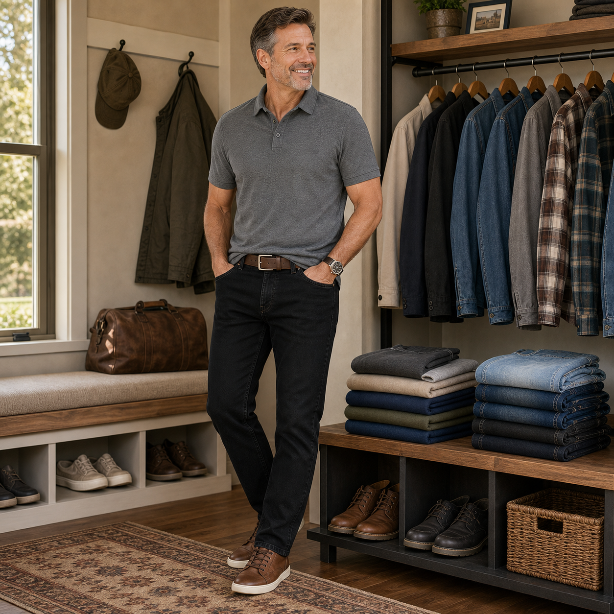 Black stretch straight tapered jeans styled with polo shoes and casual layers
