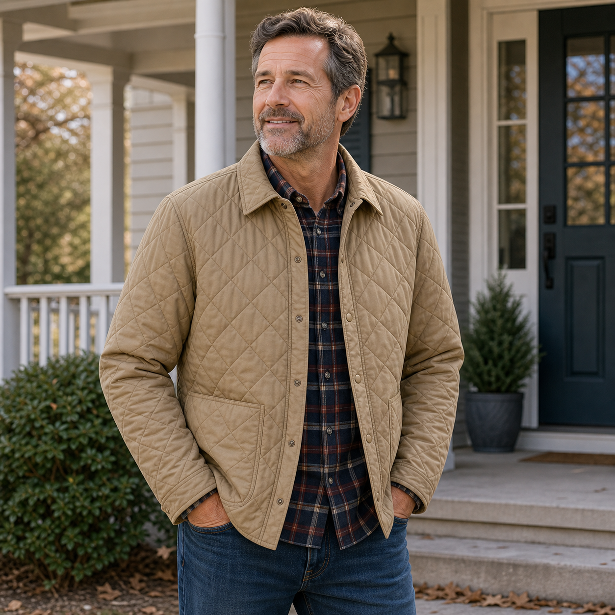 Men's khaki lightweight quilted insulated jacket worn on a cool morning