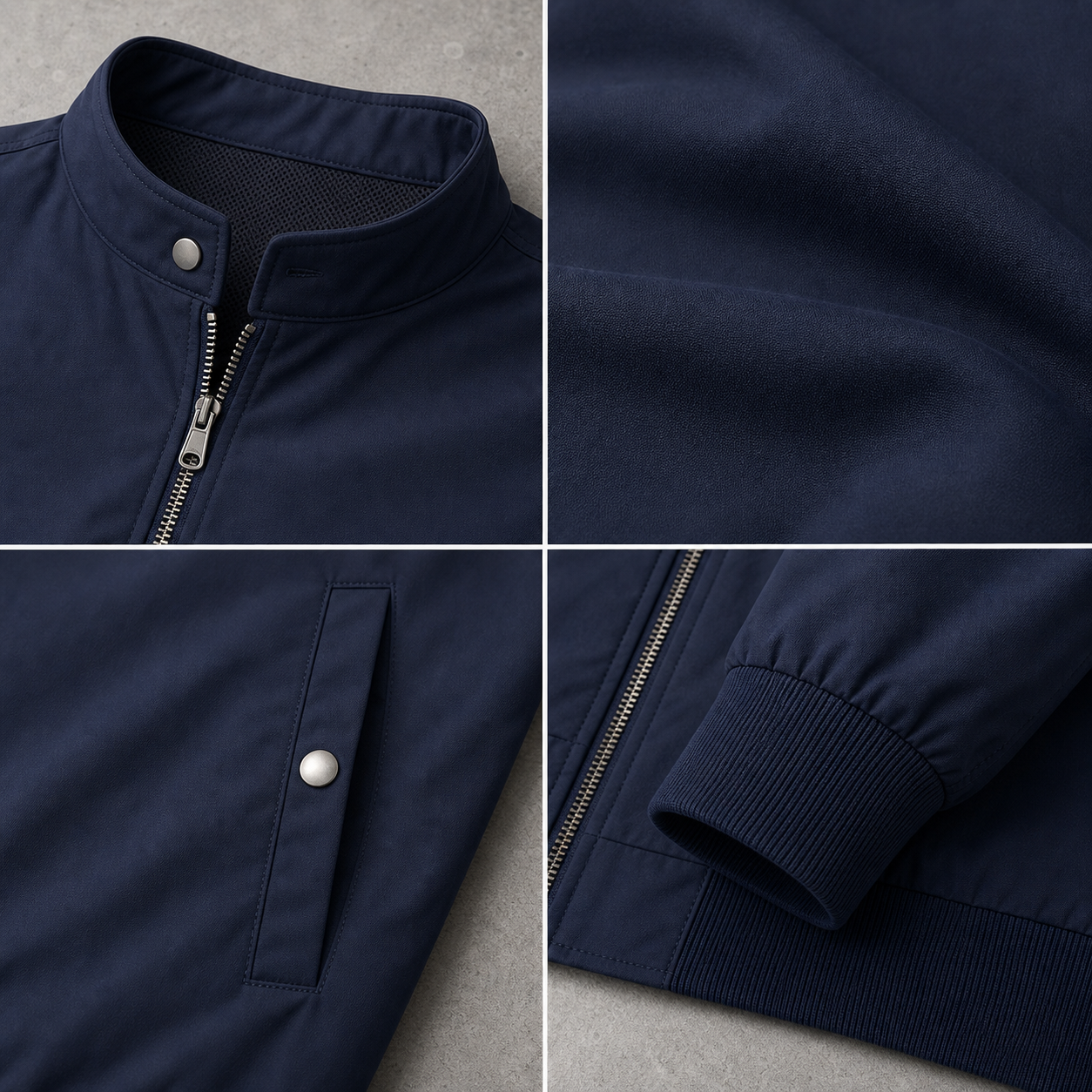 Men's racer jacket collar zipper pocket cuff and fabric detail