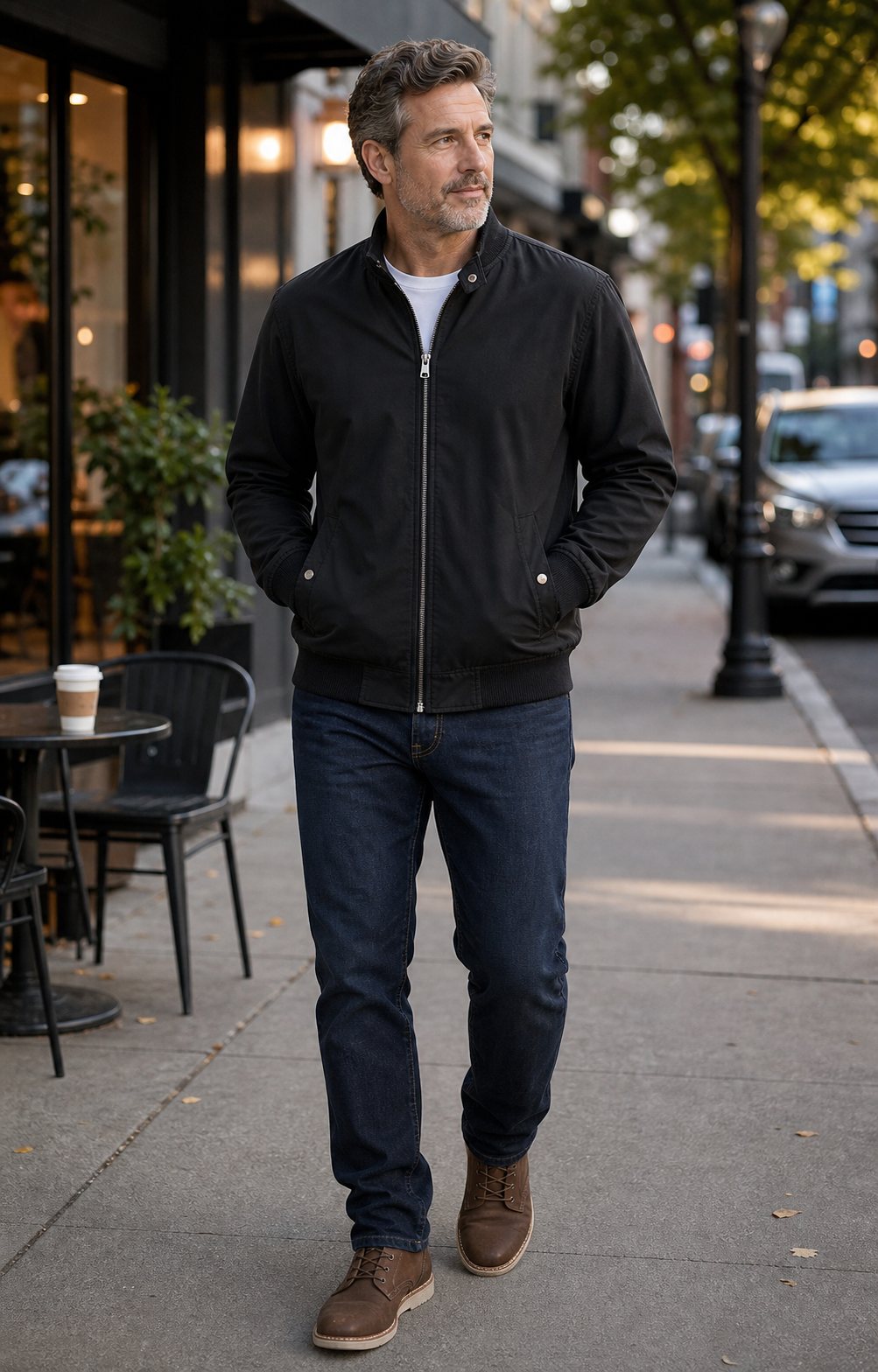 Men's black stand-collar racer jacket for city weekend