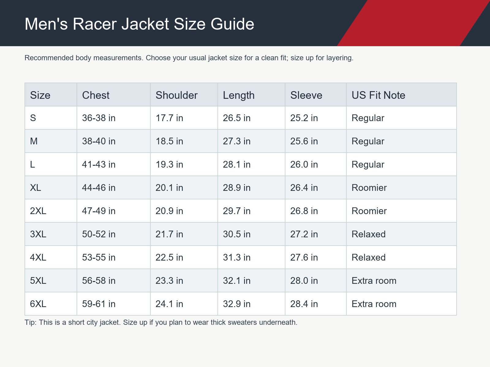 Men's racer jacket size chart S-6XL