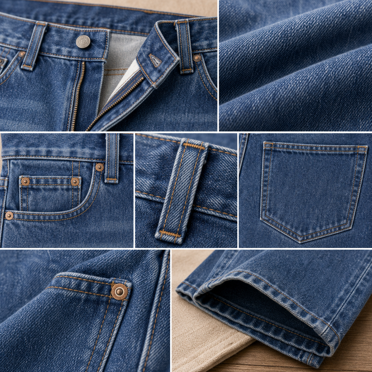 Five-pocket natural fit jeans denim weave waist pocket rivet fly and hem details